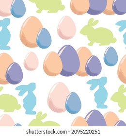 Seamless pattern with Easter eggs and bunnies, leaf sprigs. Happy easter.