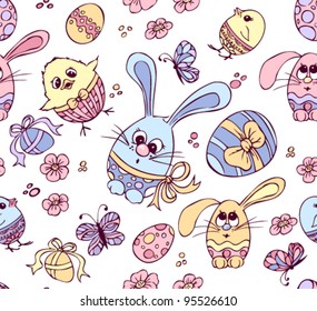 seamless  pattern with Easter eggs, bunnies and chickens