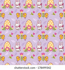 Seamless pattern with easter eggs, bunny and chicken. 