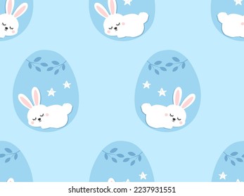 Seamless pattern with Easter eggs, bunny rabbit cartoons on blue background vector illustration.