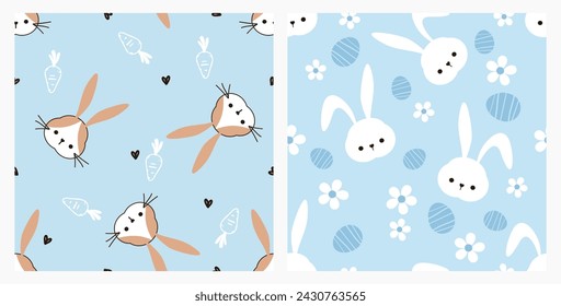 Seamless pattern with Easter eggs,  bunny rabbit cartoons, carrot, hand drawn hearts and cute flower on blue backgrounds vector. Cute childish print.