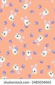 Seamless pattern with Easter eggs, bunny head, daisies, flowers and berries on pastel pink background.
