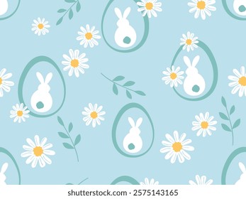 Seamless pattern with Easter eggs, bunny rabbit cartoons daisy flower and branches on green background vector.