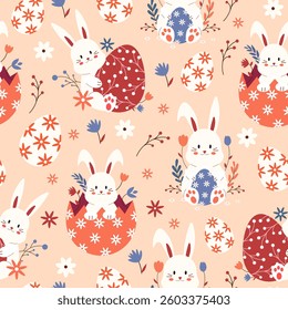 Seamless pattern with Easter eggs and a bunny and spring flowers. Vector illustration