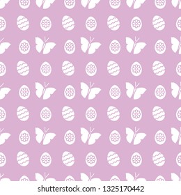 Seamless pattern with Easter eggs, butterflies. Happy Easter. Festive background. Design for banner, poster or print.