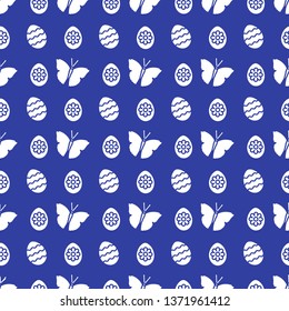 Seamless pattern with Easter eggs, butterflies. Happy Easter. Festive background. Design for banner, poster or print.