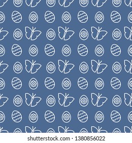 Seamless pattern with Easter eggs, butterflies. Happy Easter. Festive background. Design for banner, poster or print.