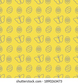 Seamless pattern with Easter eggs, butterflies. Happy Easter. Festive background. Design for banner, poster or print. Illuminating and Ultimate Gray.