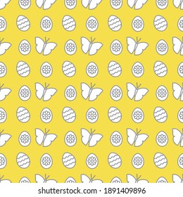 Seamless pattern with Easter eggs, butterflies. Happy Easter. Festive background. Design for banner, poster or print. Illuminating and Ultimate Gray.