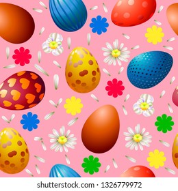 Seamless pattern with Easter eggs and chamomiles on a pink background. Beautiful packing material for Easter.