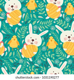 Seamless pattern with Easter eggs, chickens and bunnies. Can be used for scrapbook, banner, print, etc.