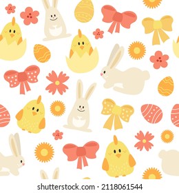 Seamless pattern with Easter eggs, chickens and bunnies. Easter design on white background. Red and yellow colors