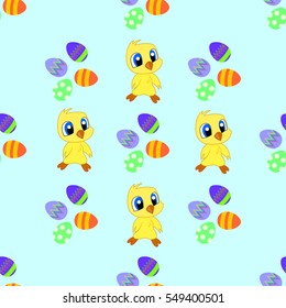 Seamless pattern with Easter eggs, chicks. Background