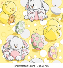 Seamless pattern - Easter eggs, chicks and bunnies