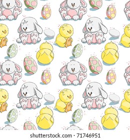 Seamless pattern - Easter eggs, chicks and bunnies