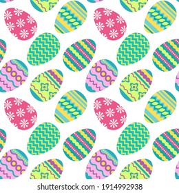 Seamless pattern with Easter eggs colorful icon isolated on white background. Traditional symbol of Easter. Vector flat illustration. Design for textile, wrapping, wallpaper, backdrop