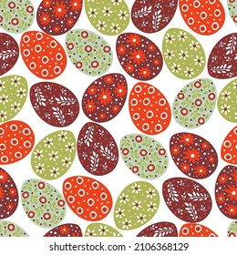 Seamless pattern with Easter eggs. Colorful eggs on a white background. Festive Easter background. Flat vector.
