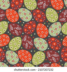 Seamless pattern with Easter eggs. Colorful eggs on a dark gray background. Festive Easter background. Flat vector.