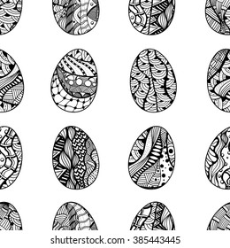 Seamless pattern with Easter eggs. Pattern for coloring book. Easter hand-drawn decorative elements in vector.  Black and white pattern.  Made by trace from sketch. Zentangle