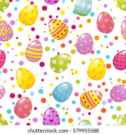 Seamless pattern Easter eggs and confetti on white background. Traditional symbols of religious holiday. Cartoon style vector illustration