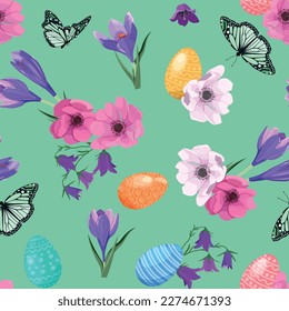 Seamless pattern with an Easter eggs, crocus, campanula and butterflies on green background, vector illustration. For decoration textile, packaging.