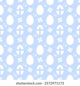 Seamless pattern with Easter eggs, a cross, and spring flowers. White and blue color. A simple abstract decorative template for celebrating the Easter holiday. Print for textiles, packaging