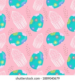 Seamless pattern with Easter eggs and cupcakes in cartoon style. Vector illustration for spring and the religious holiday of Easter.