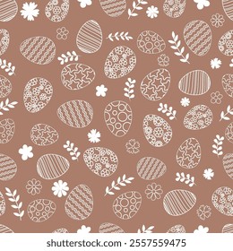 Seamless Pattern with Easter eggs. Cute Hand Drawn Easter pattern with flowers, easter eggs, great for Easter Cards, Holiday banner, textiles, wallpapers, Doodle vector design.