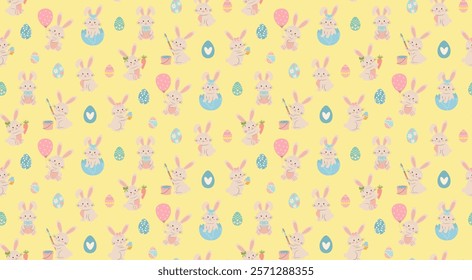 Seamless pattern with Easter eggs and cute bunnies on yellow background.