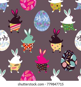 A seamless pattern with Easter eggs and cute and funny dancing rabbits in multi-colored pants. Unusual colors. Easter greeting card.