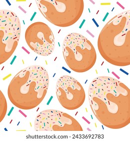 seamless pattern of easter eggs decorated in easter cupcake style with white frosting and colorful icing, element for design, poster or banner