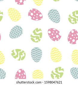 Seamless Pattern Easter eggs with different ornament on a white background in pastel colors. Spring holiday. Simple seamless pattern for background, wrapping paper, dishes, design for Easter