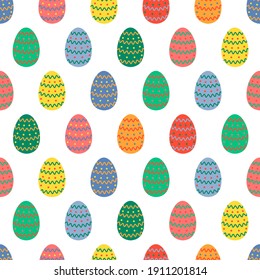 Seamless pattern of Easter eggs of different pastel colors with colorful patterns on white background. Vector illustration