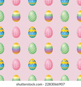 Seamless pattern. Pattern with Easter eggs. Easter eggs of different colors on a green background. Easter pattern for the print. Vector