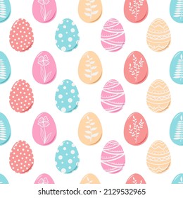 Seamless pattern with Easter eggs in doodle style, decorated with flowers, plants and patterns. Spring seamless pattern in pastel colors. Vector image