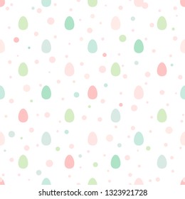 Seamless pattern with Easter eggs and dots of different colors isolated on white. Cute Vector illustration. Soft pastel colors.