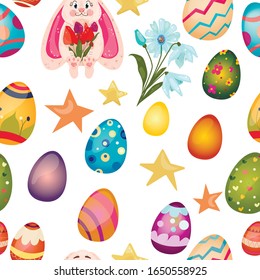 Seamless pattern easter eggs egg hunt with cute easter bunny and spring flowers