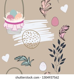 Seamless pattern with easter eggs and feathers.