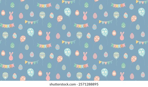 Seamless pattern with Easter eggs, flags and balloons on blue background.