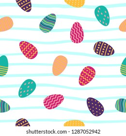 Seamless pattern with easter eggs in flat style on striped background. Vector illustration.