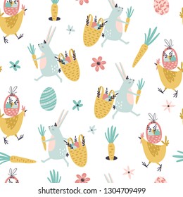 Seamless pattern with easter eggs, flowers, rabbit and hen