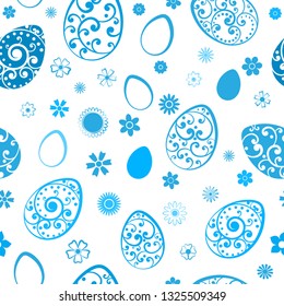 Seamless pattern of Easter eggs and flowers, light blue on white