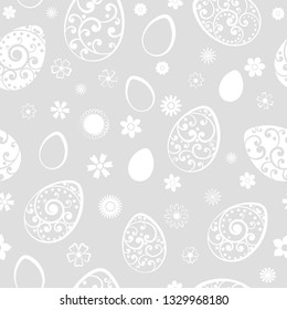Seamless pattern of Easter eggs and flowers, white on gray
