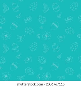 Seamless pattern with Easter eggs, flowers and butterfly on blue background. Easter holiday texture for printing on fabric, paper for scrapbooking, gift wrap and wallpapers.