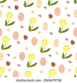 Seamless pattern with Easter eggs and flowers. And also with butterflies and ladybugs.