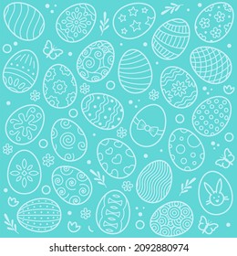 Seamless pattern with Easter eggs, flowers and butterfly on spring color background.