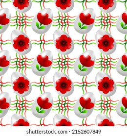 Seamless Pattern with Easter eggs, flowers and ribbons on a white background. Happy Easter. 