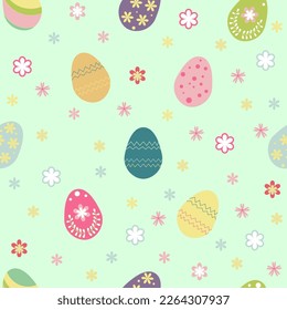 Seamless pattern with Easter eggs and flowers on a light blue background.