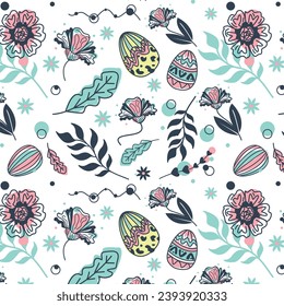 Seamless pattern with Easter eggs and flowers. Vector illustration.