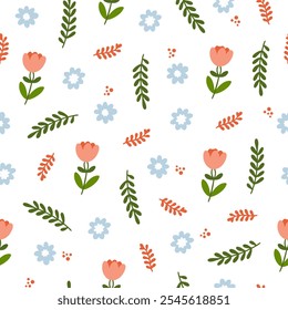 Seamless pattern of Easter eggs and flowers. Pattern with rabbits, wild flowers and clouds.	
